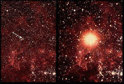 dve snímky okolia hviezdy Sanduleak, ktorá v roku 1987 vybuchla ako jasná supernova pomenovaná 1987A